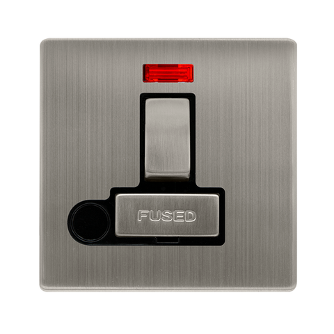 Screwless Plate Stainless Steel 13A Ingot Switched Fused Spur Unit With Neon + Optional Flex Outlet - Black Trim - SE Home