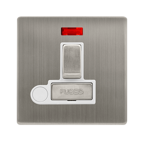 Screwless Plate Stainless Steel 13A Ingot Switched Fused Spur Unit With Neon + Optional Flex Outlet - White Trim - SE Home