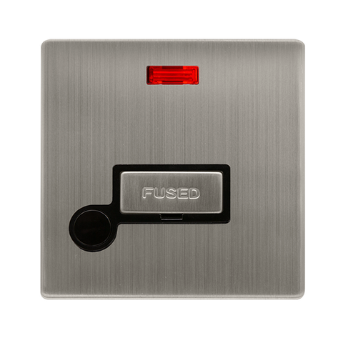 Screwless Plate Stainless Steel 13A Ingot Fused Spur Unit With Neon + Optional Flex Outlet - Black Trim - SE Home