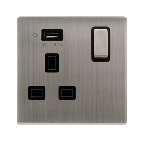 Screwless Plate Stainless Steel 13A Ingot 1 Gang Switched Plug Socket With 2.1A Usb Outlet - Black Trim - SE Home
