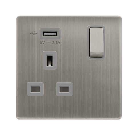 13A Ingot 1 Gang Switched Socket With 2.1A Usb Outlet - Stainless Steel Cover Plate - Grey Insert - Screwless