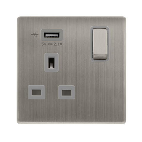 13A Ingot 1 Gang Switched Socket With 2.1A Usb Outlet - Stainless Steel Cover Plate - Grey Insert - Screwless - SE Home