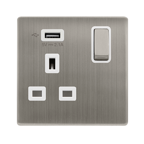Screwless Plate Stainless Steel 13A Ingot 1 Gang Switched Plug Socket With 2.1A Usb Outlet - White Trim