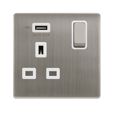 Screwless Plate Stainless Steel 13A Ingot 1 Gang Switched Plug Socket With 2.1A Usb Outlet - White Trim - SE Home