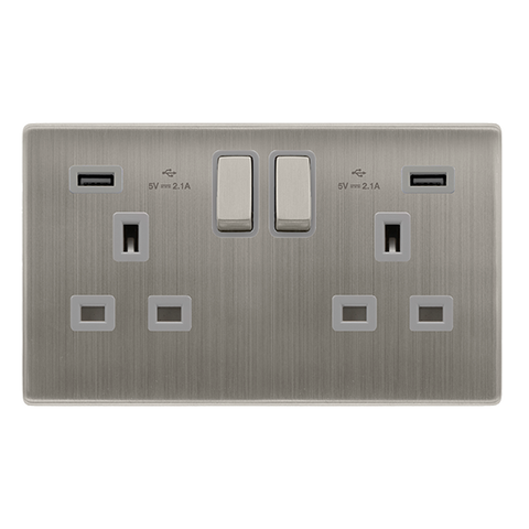 13A Ingot 2 Gang Switched Socket With 2.1A Usb Outlets - Stainless Steel Cover Plate - Grey Insert - Screwless - SE Home