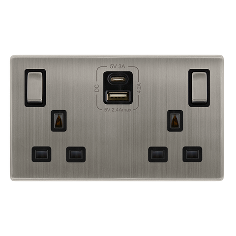 Screwless Plate Stainless Steel 13A Ingot 2 Gang Switched Plug Socket With Type A + C Usb - Black Trim - SE Home