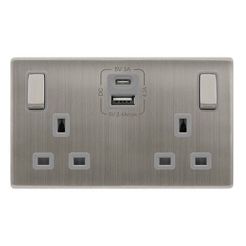 13A Ingot 2 Gang Switched Safety Shutter Socket With Type A + C Usb - Stainless Steel Cover Plate - Grey Insert - Screwless - SE Home
