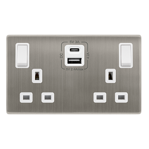 Screwless Plate Stainless Steel 13A Ingot 2 Gang Switched Plug Socket With Type A + C Usb - White Trim - SE Home