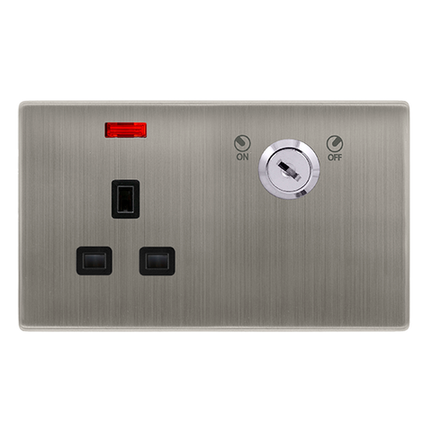 Screwless Plate Stainless Steel 13A 1 Gang Double Pole Key Lockable Socket With Neon - Black Trim - SE Home