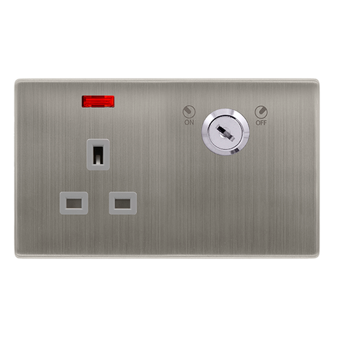 13A 1 Gang Double Pole Key Lockable Socket With Neon - Stainless Steel Cover Plate - Grey Insert - Screwless - SE Home