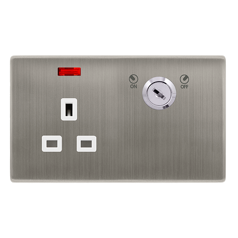 Screwless Plate Stainless Steel 13A 1 Gang Double Pole Key Lockable Socket With Neon - White Trim - SE Home