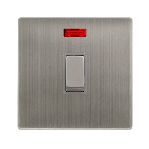 20A Ingot Double Pole Switch With Neon - Stainless Steel Cover Plate - Grey Insert - Screwless - SE Home