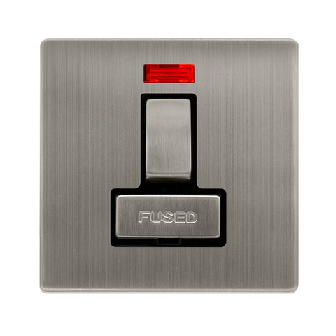 Screwless Plate Stainless Steel 13A Ingot Switched Fused Spur Unit With Neon - Black Trim - SE Home
