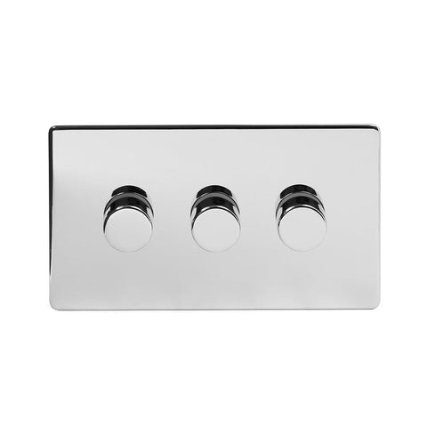 Screwless Polished Chrome - Black Trim - Slim Plate Screwless Polished Chrome 3 Gang 2 Way Intelligent Trailing Dimmer Light Switch