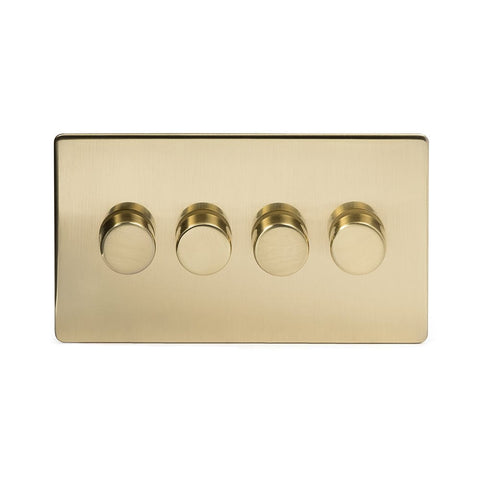 Screwless Brushed Brass - White Trim - Slim Plate Screwless Brushed Brass 4 Gang 2 Way Intelligent Trailing Dimmer Light Switch
