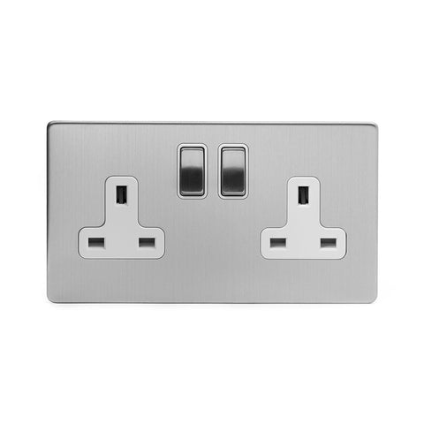 Screwless Brushed Chrome 13A 2 Gang Double Pole Plug Socket - SE Home