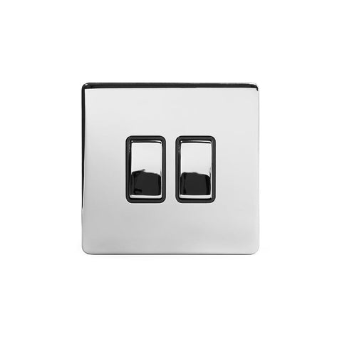 Screwless Polished Chrome - Black Trim - Slim Plate Screwless Polished Chrome 10A 2 Gang 2 Way Light Switch