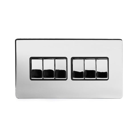 Screwless Polished Chrome 10A 6 Gang 2 Way Light Switch - SE Home