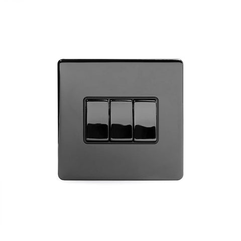 Screwless Black Nickel - Black Trim - Slim Plate Screwless Black Nickel 10A 3 Gang 2 Way Light Switch