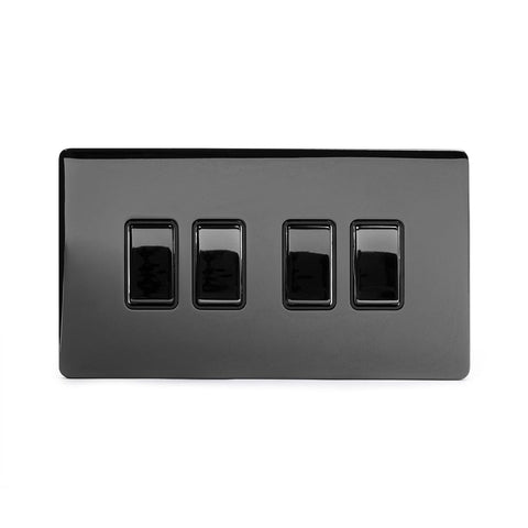 Screwless Black Nickel - Black Trim - Slim Plate Screwless Black Nickel 10A 4 Gang 2 Way Light Switch