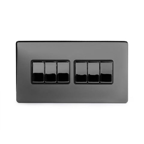 Screwless Black Nickel - Black Trim - Slim Plate Screwless Black Nickel 10A 6 Gang 2 Way Light Switch