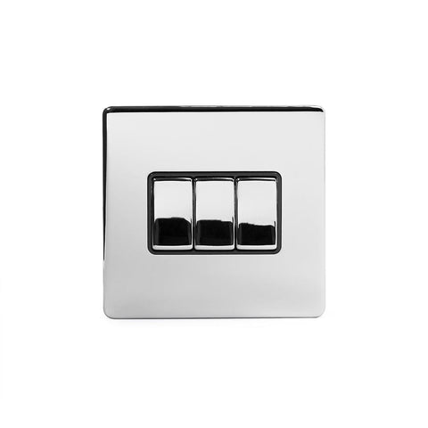 Screwless Polished Chrome - Black Trim - Slim Plate Screwless Polished Chrome 3 Gang Intermediate Light Switch