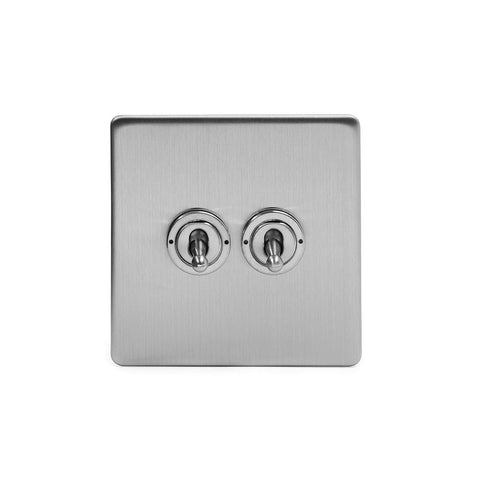 Screwless Brushed Chrome 2 Gang 2 Way Toggle Light Switch - White - SE Home