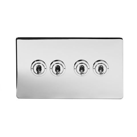 Screwless Polished Chrome 4 Gang 2 Way Toggle Light Switch - White - SE Home