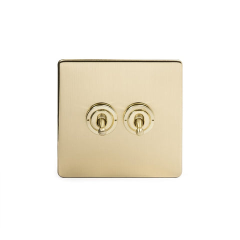 Screwless Brushed Brass - White Trim - Slim Plate Screwless Brushed Brass 2 Gang 2 Way Toggle Light Switch - White