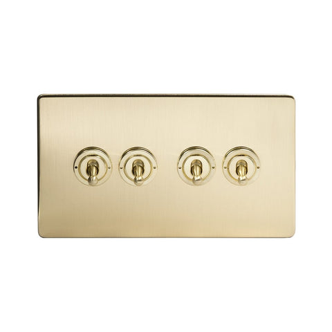 Screwless Brushed Brass - Black Trim - Slim Plate Screwless Brushed Brass 4 Gang 2 Way Toggle Light Switch