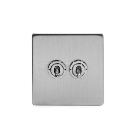 Screwless Brushed Chrome 2 Gang Intermediate Toggle Light Switch - White - SE Home