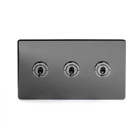 Screwless Black Nickel - Black Trim - Slim Plate Screwless Black Nickel 3 Gang Intermediate Toggle Light Switch - Black