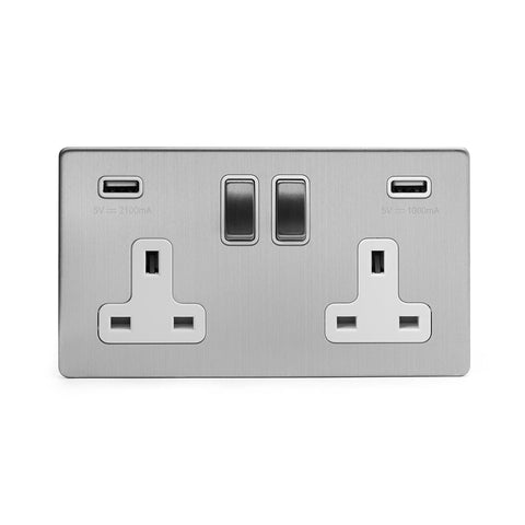 Screwless Brushed Chrome 2 Gang Double 3.1 Amp USB Plug Socket - SE Home
