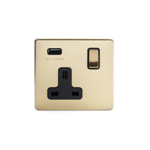 Screwless Brushed Brass - Black Trim - Slim Plate Screwless Brushed Brass 1 Gang USB Plug Socket