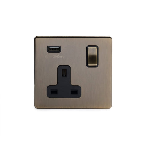 Screwless Antique Brass Single Pole 1 Gang USB Plug Socket - SE Home