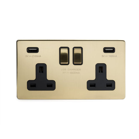 Screwless Brushed Brass - Black Trim - Slim Plate Screwless Brushed Brass 13A 2 Gang DP Fast Charge 4.8amp USB Socket