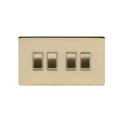 Screwless Brushed Brass - White Trim - Slim Plate Screwless Brushed Brass 10A 4 Gang 2 Way Light Switch