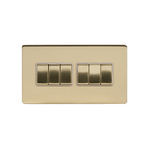 Screwless Brushed Brass - White Trim - Slim Plate Screwless Brushed Brass 10A 6 Gang 2 Way Light Switch