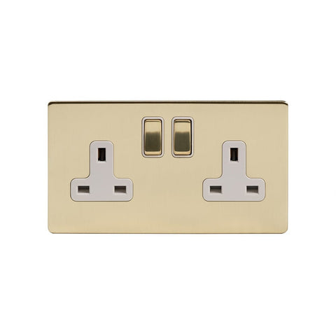 Screwless Brushed Brass - White Trim - Slim Plate Screwless Brushed Brass 13A 2 Gang Switched Socket - Double Pole