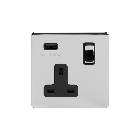 Screwless Polished Chrome - Black Trim - Slim Plate Screwless Polished Chrome 13A 1 Gang DP USB Switched Plug Socket (USB Output 2.1amp)