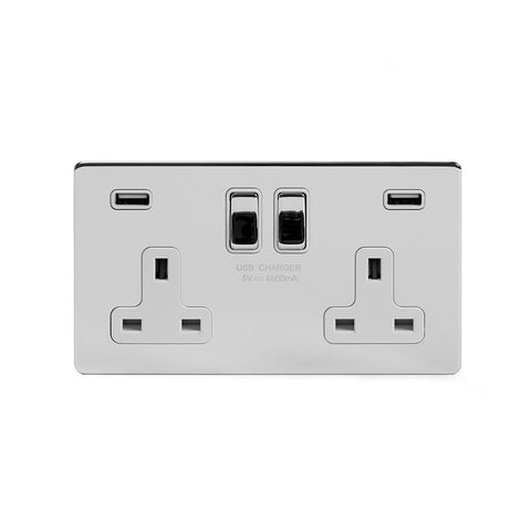 Screwless Polished Chrome 13A 2 Gang DP USB Switched Plug Socket (USB Output 4.8amp) - SE Home