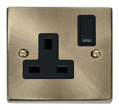 Antique Brass 1 Gang 13A DP Switched Plug Socket - Black Trim - SE Home