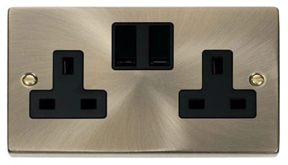 Antique Brass 2 Gang 13A Twin Double Switched Plug Socket - Black Trim - SE Home