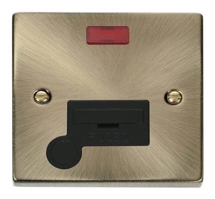 Antique Brass 13A Fused Connection Unit With Neon With Flex - Black Trim - SE Home