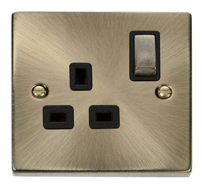 Antique Brass 1 Gang 13A DP Ingot Switched Plug Socket - Black Trim - SE Home