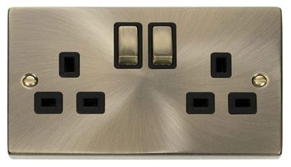 Antique Brass 2 Gang 13A DP Ingot Twin Double Switched Plug Socket - Black Trim - SE Home