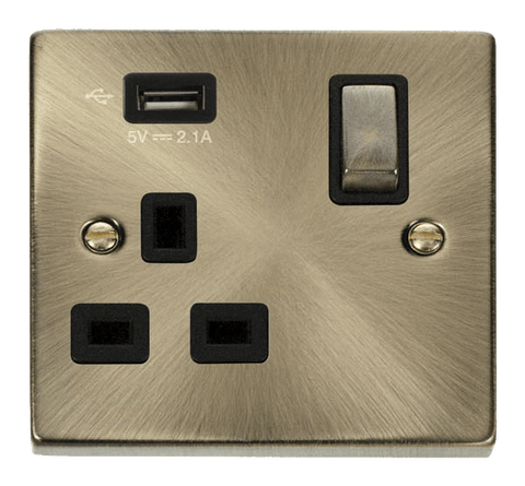 Antique Brass 1 Gang 13A DP Ingot 1 USB Switched Plug Socket - Black Trim - SE Home