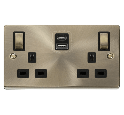Antique Brass 2 Gang 13A DP Ingot Type A & C USB Twin Double Switched Plug Socket - Black Trim - SE Home