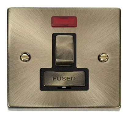 Antique Brass 13A Fused Ingot Connection Unit Switched With Neon - Black Trim - SE Home