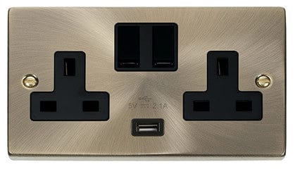 Antique Brass 2 Gang 13A 1 USB Twin Double Switched Plug Socket - Black Trim - SE Home